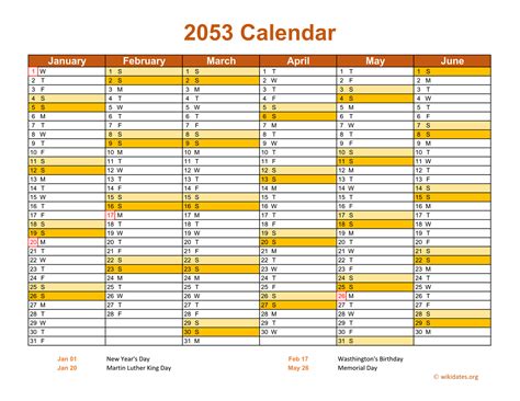 2053 Calendar On 2 Pages Landscape Orientation