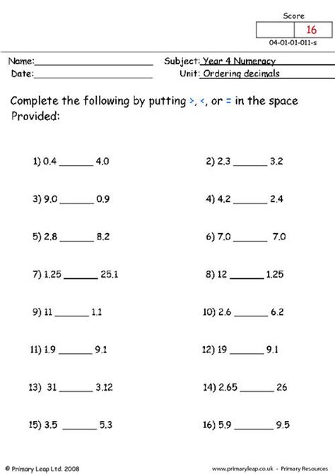 Comparing Decimals Worksheet Grade 4
