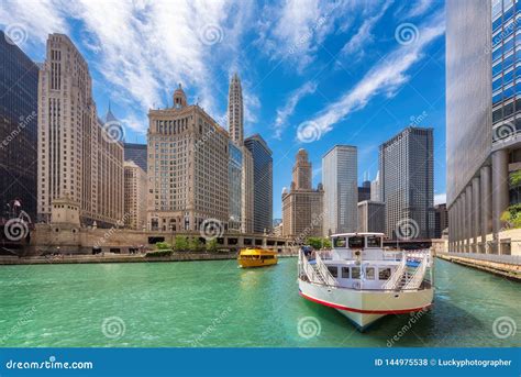 Chicago Downtown And Chicago River At Summer Time In Chicago Illinois