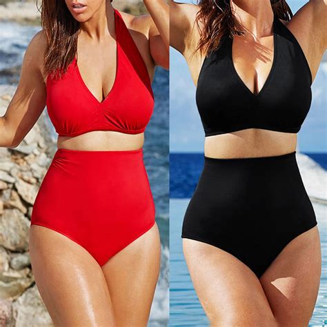Plus Size Solid Women Swimsuit Push Up Big Cup Size Padded High
