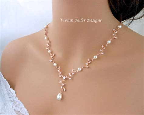 Wedding Necklace Pearl Rose Gold Y Bridal Vine Leaf Backdrop Etsy Uk