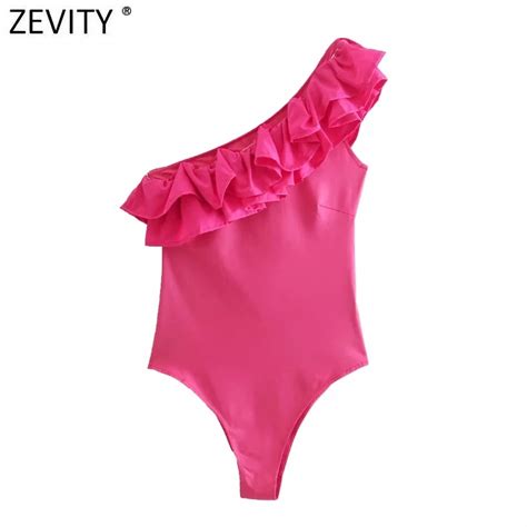 Zevity 2021 Women Sexy Single Shoulder Cascading Ruffles Asymmetric Slim Bodysuits Ladies Summer