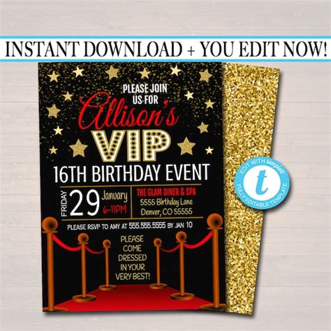 Editable Red Carpet Birthday Invitation Hollywood Movie Party Etsy