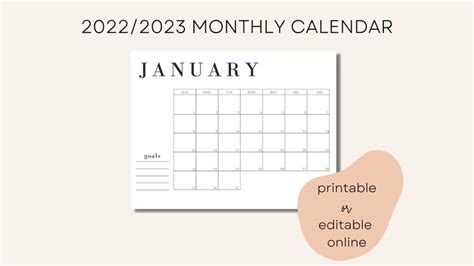 2022 2023 Printable Monthly Calendar Simple Calendar Etsy