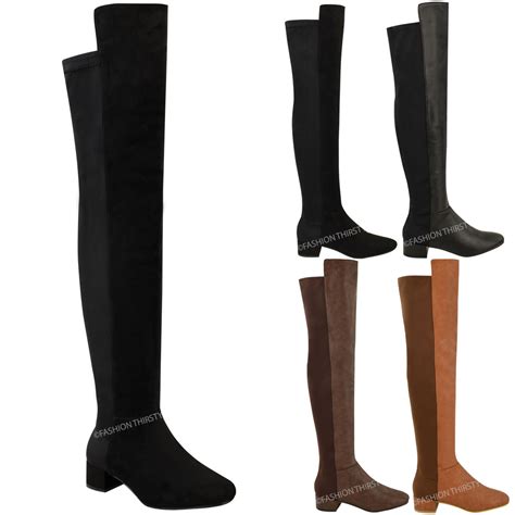 New Womens Ladies Over The Knee Riding Flat Boots Calf Stretch Thigh