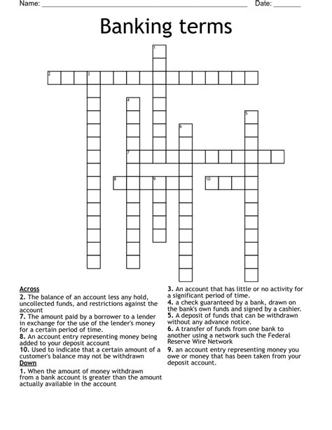 Banking Terms Crossword Puzzle Printable