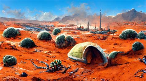 Habitat In Martian Desert Landscape First Colony On Pl Stock