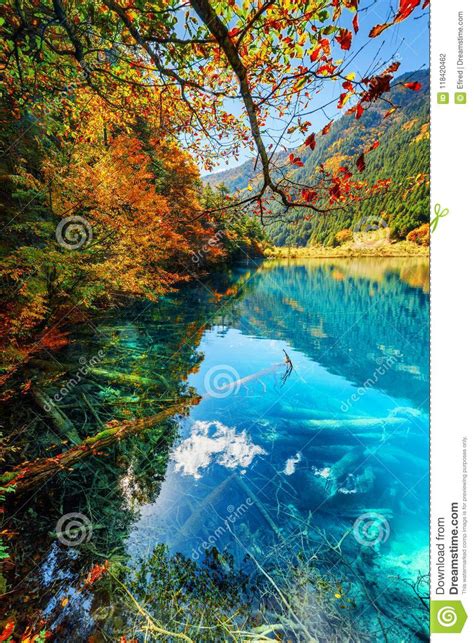 Fantastic Autumn Landscape Amazing Lake With Azure Water Stock Photo