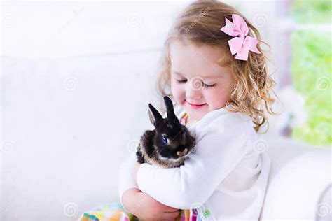 Little Girl Playing With A Rabbit Stock Image Image Of Love Dress