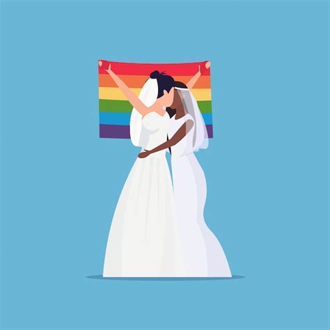 Lésbicas Noivas Casal Mesmo Sexo Homossexual Família Casamento Conceito Duas Misturam Raça
