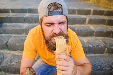 Best Food In Town Bearded Man Eating Unhealthy Takeaway Junk Food