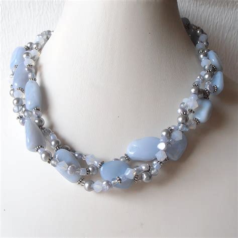 Valentines Sale Chunky Necklace Light Blue Agate Beaded