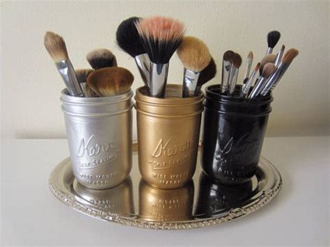 gold silver black mason jar makeup brush holder office