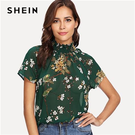 Buy Shein Green Elegant High Neck Raglan Short Sleeve