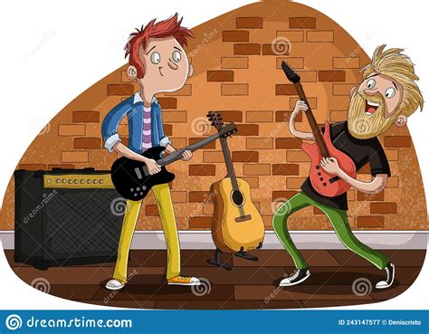 Men Playing On A Rock N Roll With Guitars Cartoon Vector
