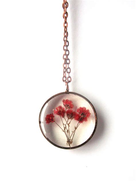 Lean how to make a resin pendant with dried flowers. Red Baby's Breath Resin Pendant Necklace Real flowers in