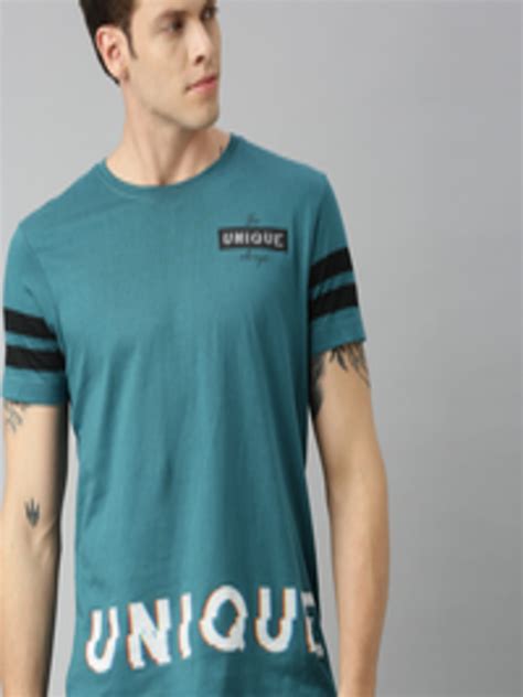 Buy Herenow Men Teal Blue Printed Round Neck Pure Cotton T Shirt