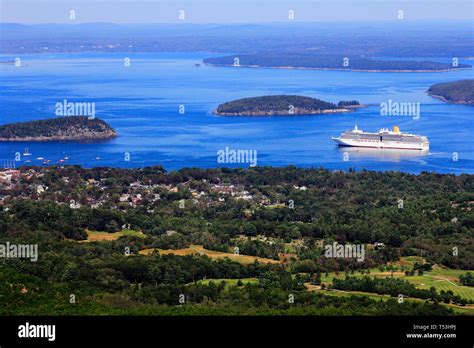 An Aerial View Of Bar Harbor Maine Usa With A Cruise Ship In Port Stock