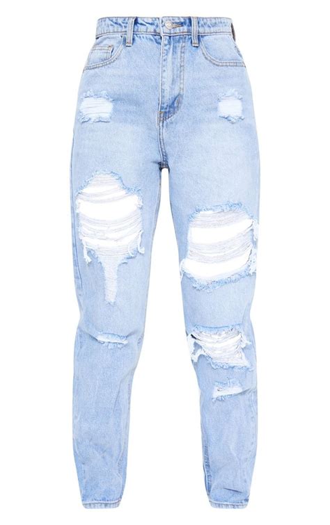Prettylittlething Light Wash Ripped Mom Jeans In 2021 Cute Ripped