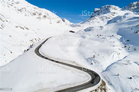 Winding Mountain Pass In Winter Aerial View Stock Photo Download