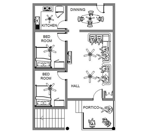North Facing Bhk House Plan With Furniture Layout Dwg File Cadbull My