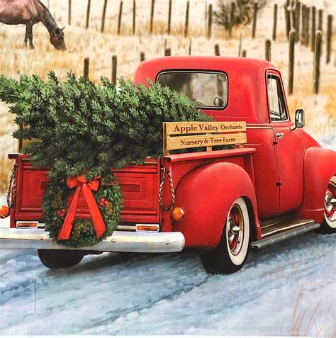 Country Christmas Memories Fabric Panel Rustic Old Red Truck Etsy