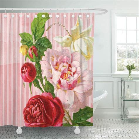 Suttom Red Striped Pink Stripes And Roses Floral Flowers Garden Shower