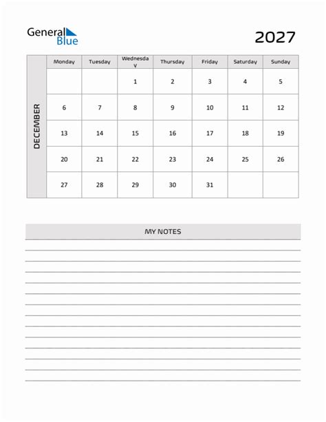 December 2027 Printable Monthly Calendar With Notes