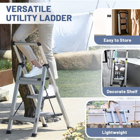 Wfx Utility Step Ladder 3 Step Stool Retractable Handgrip Aluminum