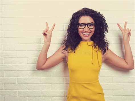 Happy Smiling Confident Woman Giving Peace Victory Two Sign Gesture