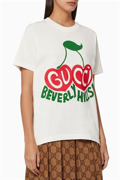 Shop Gucci White Gucci Beverly Hills Cherry Print T Shirt For Women Ounass Uae T Shirts