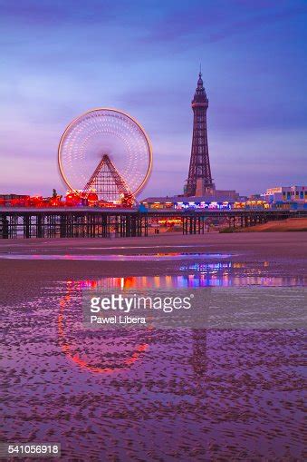 Blackpool Tower And Beach At Low Tide At Twilight High Res Stock Photo