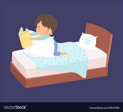 Cute Little Boy Reading A Bedtime Story In Bed Vector Image