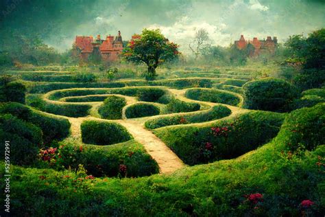 England Maze Garden Labyrinth Garden Fantasy Backdrop Concept Art