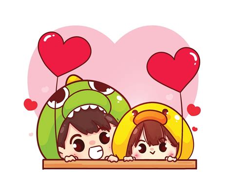 Lovers Couple Holding Heart Shaped Balloons Happy Valentine Cartoon