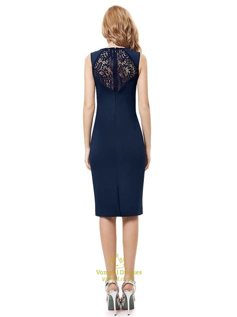Navy Blue Lace Knee Length Sheath Dresses For Mother Of The Bride Vampal Dresses