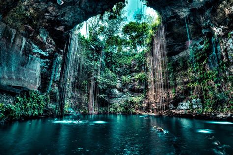 Nature Landscape Cenotes Cave Lake Rock Water Trees Wallpaper