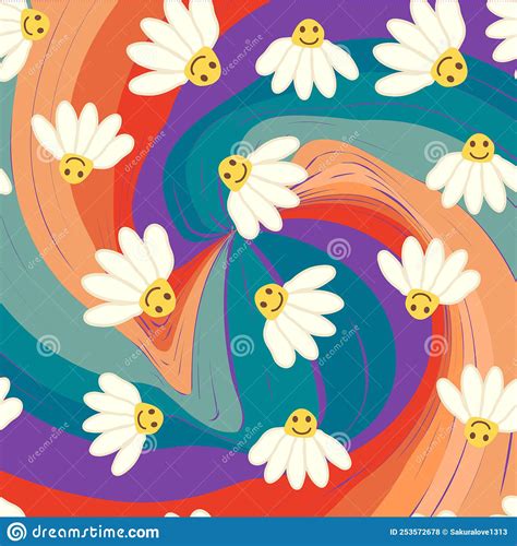 Retro Smile Chamomile Seamless Pattern On 1970 Wavy Swirl Seamless