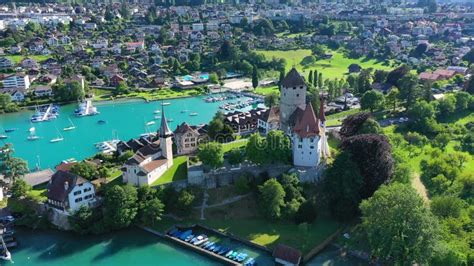 Aerial Panoramic View Of Spiez Church And Castle On The Shore Of Lake
