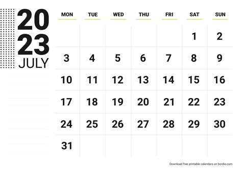 Printable July 2023 Calendar Free Download In Pdf Bordio