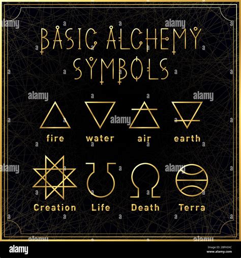 Alchemical Golden Basic Symbols Set On Dark Background Elements Of