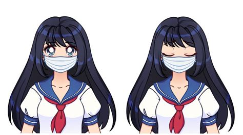 Set Of Anime Expressions Cute Girl With Long Black Hair