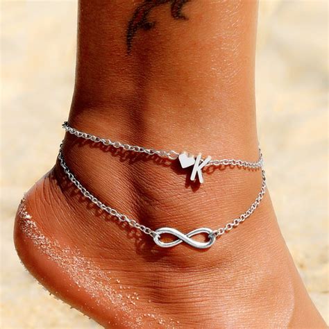 Vintage Silver Heart Anklet Bohemian Letter Ankle Bracelet For Women Multilayer Infinity
