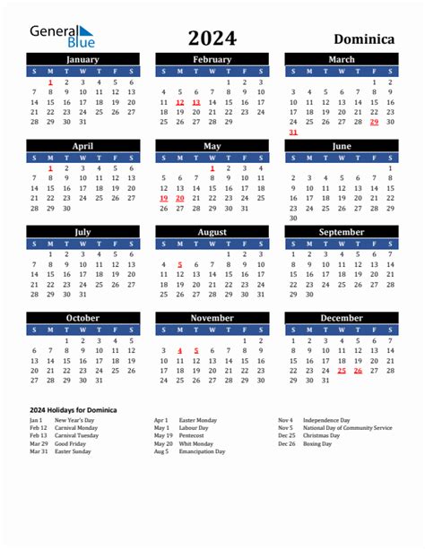 2024 Dominica Calendar With Holidays