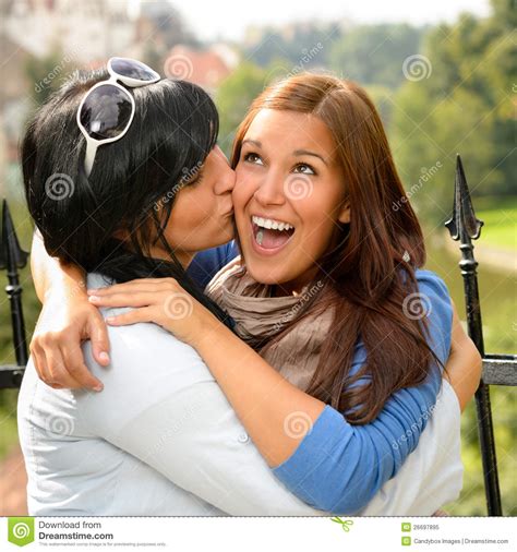 Mother Kissing Her Daughter Happy Embrace Outdoors Royalty