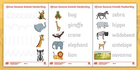 African Savanna Animals Handwriting Worksheets Twinkl