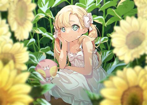Wallpaper Cute Anime Girl Sunflowers White Dress Blonde Summer