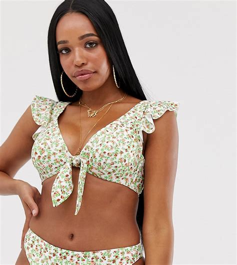 Peek And Beau Fuller Bust Exclusive Eco Underwired Ruffle Sleeve Bikini Top In Ditsy Floral White