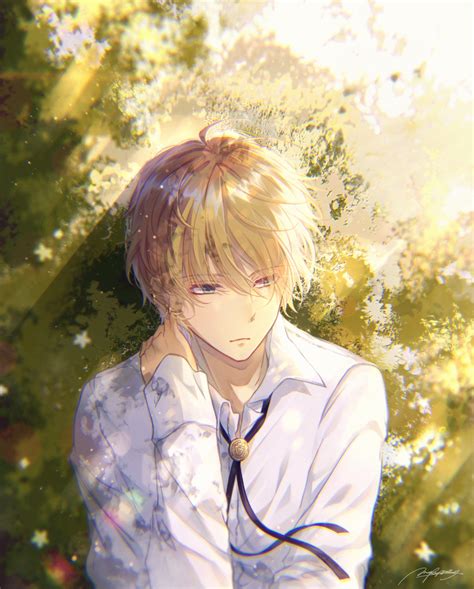 Hình nền Anime Nam giới vàng Ánh sáng mặt trời những bông hoa màu trắng cây dâu Mắt xanh