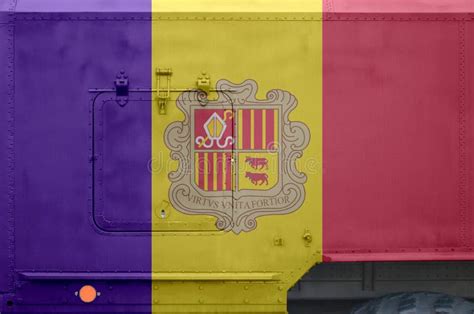 Andorra Flag Depicted On Side Part Of Military Armored Truck Closeup